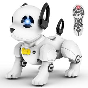Remote Control Robot Dog Toy, RC Dog Programmable Smart Interactive Robotic Pets, RC Stunt Robot Toys Imitates Animals Music Dancing Handstand Push-up Follow Functions for Boys Girls Toy White Silver