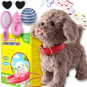Walking Barking Dog Toy Singing Puppy Set, Repeat What You Say Teddy with Control Leash Electronic Dog, Touch or Voice Control Realistic Robot Musical Dancing Animated Plush Pet for Toddler