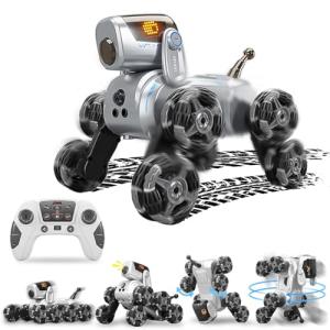 OSQI Interactive Robot Dog with Barking Sounds & Music - Smart RC Stunt Toy for Kids Ages 8-13, 8WD 360° Drift, Animated Eye Expressions, Real Dog Actions, 2.4GHz Remote Control Toy (Silver)