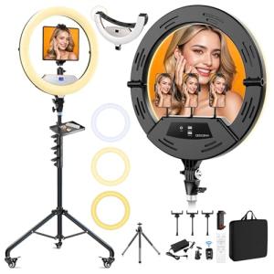 Auriani 22" Large Ring Light with Stand, Upgraded Foldable LED Big Ringlight with 75" Tripod & Mini Tripod Wheel Tray for Live Tattoo Makeup Video Recording Barber Photography