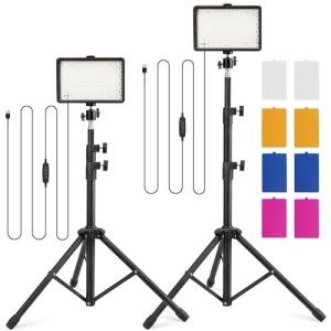 Photography Lighting Kit with 4 Color Filters, Dimmable 5600K USB LED Studio Light with Adjustable Tripod Stand, Portable Video Light for Live Broadcast, Recording, 2 Pack