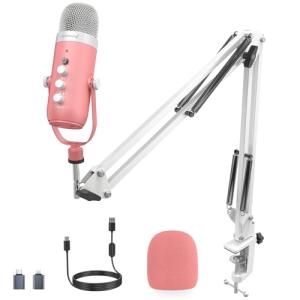 ZealSound Gaming Microphone Kit,Podcast Condenser USB Mic with Boom Arm,Supercardioid Microphone with Mute Button,Echo Volume Gain Knob,Adjust Monitor for Phone PC Computer (Pink)