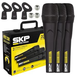 SKP Pro Audio Microphone for Singing, Concerts, Studio and Events - Professional PRO-33K Dynamic Cardioid 3 Microphones Kit - XLR Connectivity - Includes Mic Stand and Accessories