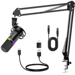 JUOPIEA XLR/USB Gaming Microphone Kit, Dynamic Mic for Podcasting Streaming, PC Microphone with Boom Arm Stand, RGB Light, Mute Button and Headphone Jack, for Recording, Vocal, Voice-Over