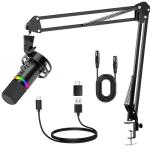 JUOPIEA XLR/USB Gaming Microphone Kit, Dynamic Mic for Podcasting Streaming, PC Microphone with Boom Arm Stand, RGB Light, Mute Button and Headphone Jack, for Recording, Vocal, Voice-Over
