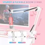 ZealSound Gaming Microphone Kit,Podcast Condenser USB Mic with Boom Arm,Supercardioid Microphone with Mute Button,Echo Volume Gain Knob,Adjust Monitor for Phone PC Computer (Pink)