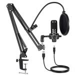 USB Condenser Microphone Bundle Kit,192KHZ/24BIT Professional Cardioid Computer Mic with Adjustable Scissor Arm Stand Shock Mount and Gain Knob for Recording, for Podcasting, Gaming, YouTube (Black)