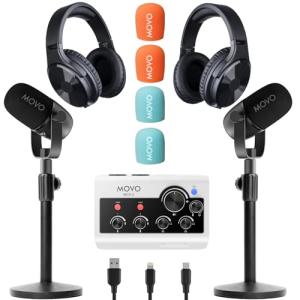 Movo Portable Podcast Equipment Bundle for iPhone/Android Phones- Podcast Kit with Audio Interface, 2 CastMic Dynamic Mics, 2 Table Stands - For Smartphones, Computers, PC, Mac - Lightning, USB, USB-C