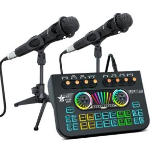 Podcast Equipment Bundle for 2 Mic Tiktok Video Content Creator Kit, Audio Interface DJ Mixer Sound Card Board Condenser Microphone kit Perfect for Studio Live Streaming for Smartphone PCYouTubeLaptop