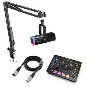 FIFINE Gaming Streaming Bundle with XLR Microphone Kit, PC Mixer, XLR Cable 10ft, Dynamic Mic with Gain Knob, Mute Button, RGB Audio Mixer Set with Individual Control, Volume Fader for Vocal Recording