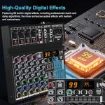 6 Channel DJ Mixer, Professional Audio Mixer, Metal, DSP 99 Preset Effects, Bluetooth Sound Board, 48V Phantom Power, Black USB Xlr Music Streaming Mini Mixing Console, Pa Mixer for PC, Podcast