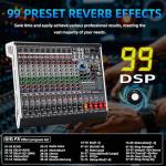 MIZISNR 12 Channel Audio Mixer Professional Sound Mixing Board with 99 DSP Effects, 7-band EQ Digital DJ Mixer Console w/USB Bluetooth MP3 for Recording, Independent 48V Power & Mute Button
