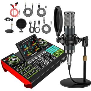 Podcast Microphone Bundle with Live Sound Card Audio Mixer, 3.5mm Condenser Microphone for PC/Phone Streaming and Singing, Podcast Equipment Bundle with Voice Changer Soundboard