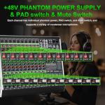 MIZISNR 12 Channel Audio Mixer Professional Sound Mixing Board with 99 DSP Effects, 7-band EQ Digital DJ Mixer Console w/USB Bluetooth MP3 for Recording, Independent 48V Power & Mute Button