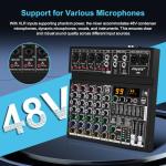 6 Channel DJ Mixer, Professional Audio Mixer, Metal, DSP 99 Preset Effects, Bluetooth Sound Board, 48V Phantom Power, Black USB Xlr Music Streaming Mini Mixing Console, Pa Mixer for PC, Podcast