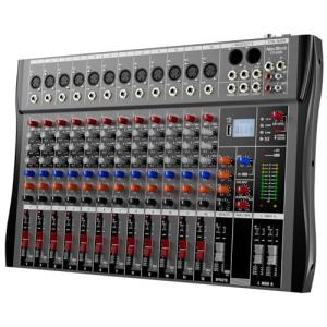 Professional DJ Audio Mixer, 12 Channel Audio Mixer, Bluetooth Sound Mixer, USB Interface, 12 XLR Mic/Line Input, AUX, FX Processor MP3, Headphone,+48V Phantom For Karaoke Studio Streaming Recording
