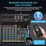 6 Channel DJ Mixer, Professional Audio Mixer, Metal, DSP 99 Preset Effects, Bluetooth Sound Board, 48V Phantom Power, Black USB Xlr Music Streaming Mini Mixing Console, Pa Mixer for PC, Podcast