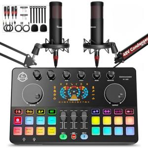 Podcast Equipment Bundle for 2, Audio Interface DJ Mixer with 48V XLR Condenser Microphone, Voice Change, RGB, for Streaming, Podcast Recording,Tiktok,PC, Smartphone COMMANDER M100 3rd