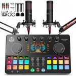 Podcast Equipment Bundle for 2, Audio Interface DJ Mixer with 48V XLR Condenser Microphone, Voice Change, RGB, for Streaming, Podcast Recording,Tiktok,PC, Smartphone COMMANDER M100 3rd