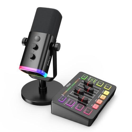 FIFINE Gaming Audio Mixer Bundle with Computer Streaming Microphone, 4-Channel RGB Mixer Set with XLR Interface, 48V Phantom Power, Dynamic Mic with Mute Button for Game Voice Podcast YouTube(SC3+AM8)