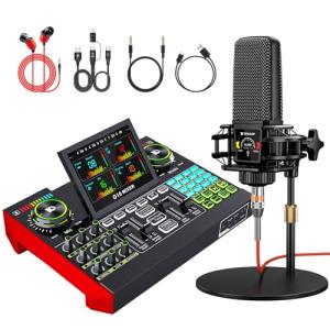 Podcast Equipment Bundle,with 3.5mm Condenser Microphone & Live Sound Card - Audio Mixer for Streaming, PC/Mobile Live Singing, Gaming Content Creators, Soundboard with USB Computer Interface