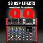 JXSOU 6-Channel Audio Mixer, DJ Controller Sound Board Console with 99 DSP Effects, Bluetooth Mixer Input 48V Phantom Power Stereo USB XLR Mixer For Karaoke Studio PC Recording