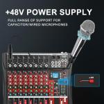 Audio Mixer 8 Channel, CT-80S Professional Sound System Mixer Board DJ Mixing Console with Reverb MP3 Player Bluetooth 48V Phantom Power Supply USB Recording for Studio Karaoke Live Music