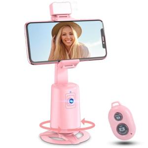 Jiangler Auto Face Tracking Tripod 360° Rotating Cell Phone Photo and Video Kits Stand, No App, Phone Camera Stand with Remote and Gesture Control for Live Recording Tiktok Pink1