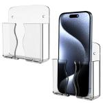 Wall Mounted Phone Holder, Clear Phone Stand Self Adhesive with Charging Hole Compatible with iPhone and Android Smartphone Cradle Bedside Organizer Remote Control Stand for Home Office 2-Pack