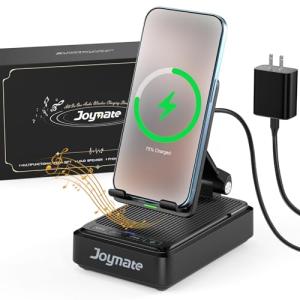 Joymate Gifts for Men and Women, Wireless Phone Charger Stand with Bluetooth Speaker and Adjustable Angle Phone Holder for Desk Tech Gift for Birthday/Anniversary (Black)