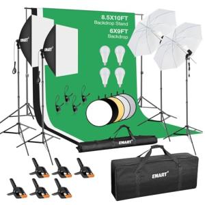 EMART 8.5 x 10 ft Backdrop Support System, Professional Photography Lighting Kit with 50W LED Bulb, Reflector, 6 * 9ft Backdrop *3, Umbrellas&Softbox Lighting Kit for Studio, Portrait, Video Shooting