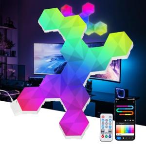Pak Hexagon Lights 9 Packs DIY LED Light, RGB+IC Creative Gaming Lights Wall Décor with Remote, with APP Smart Modular Panel Hex Tiles, Push Glide Expansion Shape with Music Sync, Voice Control