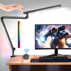 LED Desk Lamp with Clamp, 18W Architect Desk Lamp with Dual Light, Flexible 3 Sections Swing Arm, with RGB Light, with Remote, with Sensor Switch, Stepless Dimming, 4 Color Mode & 5 Brightness
