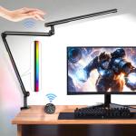LED Desk Lamp with Clamp, 18W Architect Desk Lamp with Dual Light, Flexible 3 Sections Swing Arm, with RGB Light, with Remote, with Sensor Switch, Stepless Dimming, 4 Color Mode & 5 Brightness