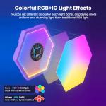 Pak Hexagon Lights 9 Packs DIY LED Light, RGB+IC Creative Gaming Lights Wall Décor with Remote, with APP Smart Modular Panel Hex Tiles, Push Glide Expansion Shape with Music Sync, Voice Control