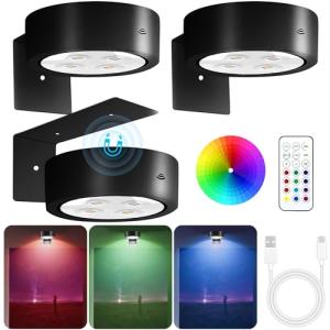 3Pack Picture Lights for Wall, RGB Color Changing Led Art Display Light with Rechargeable Battery Operated, Magnetic Painting Light with Remote Control, Wireless Home Wall Decorative Lighting, Black