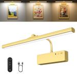 Picture Light, 15.35inch Wireless Picture Lights for Wall Rechargeable, 5400mAh Battery Wall Light with Remote, 3 Color Art Lighting for Paintings with Timer and Dimmable for Display, Gallery (Gold)