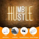 Hustle LED Neon Sign for Wall Decor, Humble Party Decorations, USB Powered Switch Adjustable Brightness LED Neon Lights, for Office Room, Gym Room, Man Cave Decor (Yellow&White)