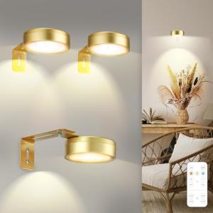 Maooght 3 Pack Gold Battery Operated Picture Light, Wireless Picture Lights for Wall with Remote Dimmable Timer,3 Lighting Modes Pictures Frame Light for Artworking,Magnetic Painting Lights Wall Decor