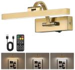 DarHorz Picture Light with Remote 3 Colors Wireless Art Lights for Paintings,Rotatable Wall Sconce Rechargeable Battery Powered Painting Light,Dimmable Light Over Picture Frame for Gallery,Brass