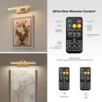 DarHorz Picture Light with Remote 3 Colors Wireless Art Lights for Paintings,Rotatable Wall Sconce Rechargeable Battery Powered Painting Light,Dimmable Light Over Picture Frame for Gallery,Brass