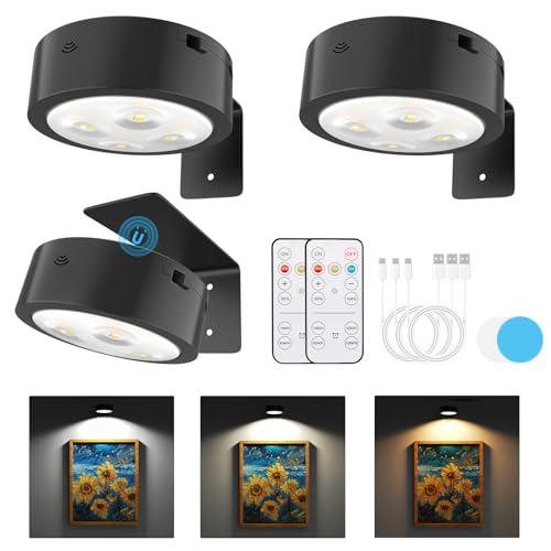 3 Pack Picture Lights for Wall, Rechargeable Battery Operated wall lights, Picture Frame lights with 3 Lighting Modes, Wireless Magnetic Painting Light with Remote Control Timer (Black, 3 Pack)