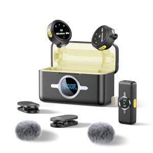Wireless Lavalier Microphone, Lapel Mics with Lightning Plug-Play, 2.4GHz Noise Cancellation, Charging Case Included, 300ft Range for Stream, YouTube (Lightning (Wind Muff))