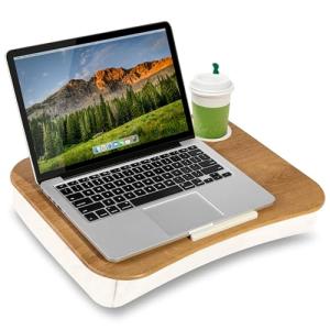 LAPGEAR Cup Holder Lap Desk with Device Ledge - White Oak Woodgrain - Fits up to 14 Inch Laptops - Style No. 46329