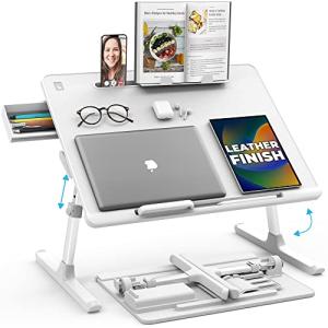 Cooper DeskPRO XL 23.6" Ergonomic Adjustable Laptop Bed Desk, Laptop Bed Table | Tray for Eating, Computer, Writing, Floor, Couch | Large Lap Desk for Adults | Leather, Drawer, Book Stand (White)