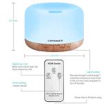 URPOWER 500ml Essential Oil Diffuser with Cool Mist Humidifier Function - 7 Color Changing LED Lights, 4 Timer Modes & Auto Shut-Off Ultrasonic Aromatherapy Scent Diffuser for Home, Office