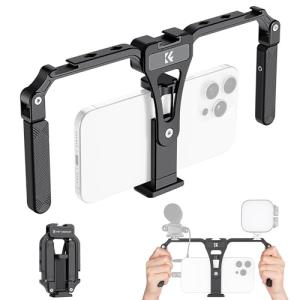 K&F Concept Smartphone Video Rig with Dual Handles, Foldable Aluminum Video Stabilizer Phone Video Rig Compatible for iPhone,Samsung, Huawei Cellphone,1/4-inch Screw Ports for Fill Light, Microphone