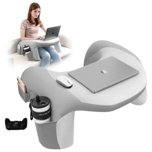 WOGAHEV Reading Pillow for Bed, Lap Desk for Laptop, Memory Foam Arm Rest Support Gaming Pillow with Cup/Phone Pocket, Laptop Lap Desk for Working, Gaming, Reading on Couch Bed Floor- Grey