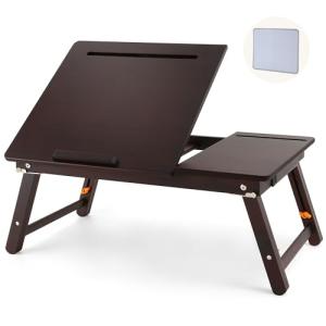 Nnewvante Laptop Desk, Height & Angle Adjustable Lap Desk Bed Tray Table, Foldable Laptop Table with Drawer, Mouse Pad, Tablet & Phone Slots for Working Reading Writing Eating, Black Walnut