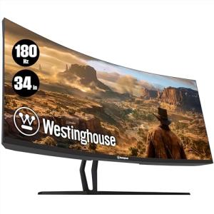 Westinghouse 34 Inch Curved Ultrawide Gaming Monitor, 180Hz, AMD FreeSync Support, Low Motion Blur, 1500R Curve, 3440 x 1440, for PC Games with Built in Speakers, 2X DisplayPort, 2X HDMI